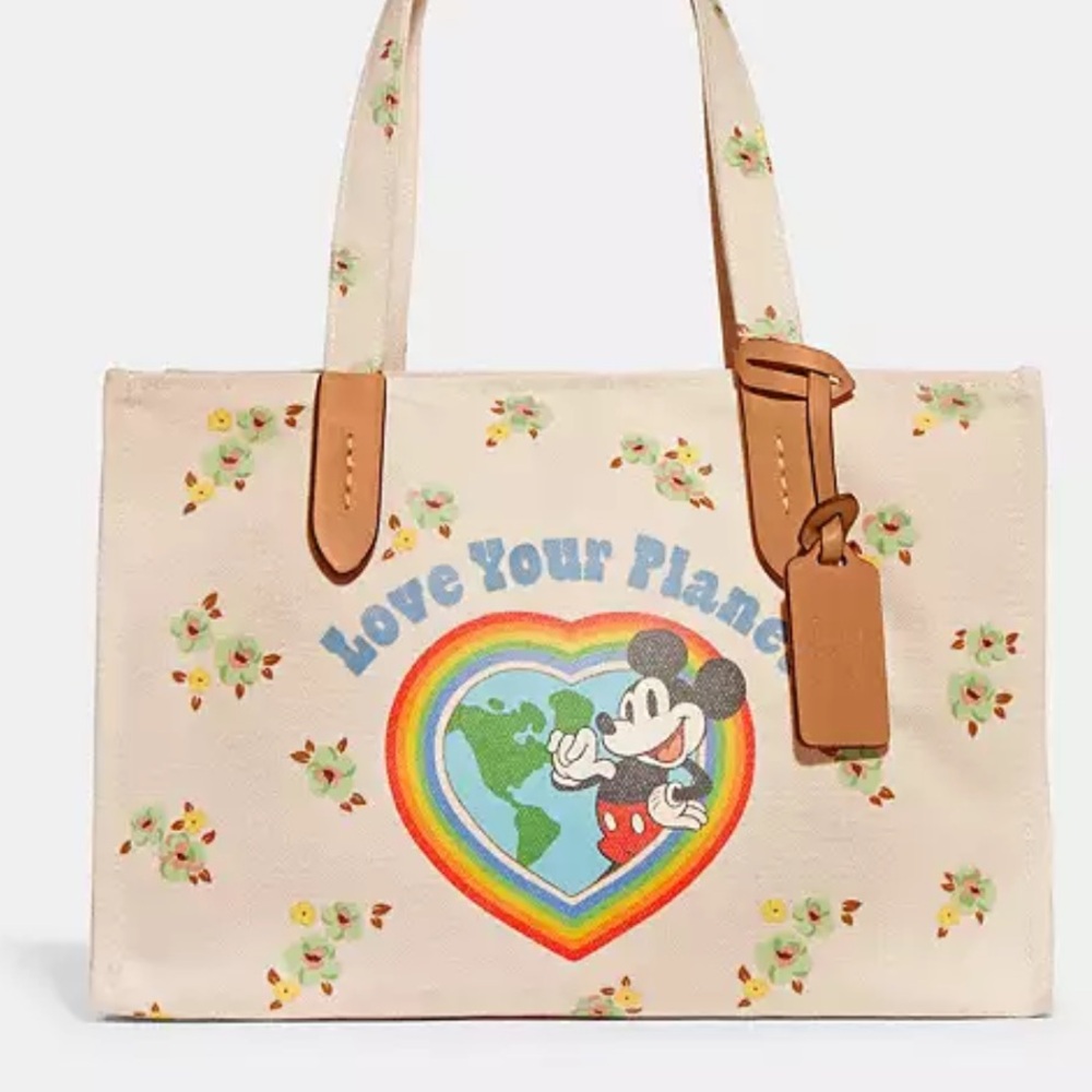 Disney X Coach Tote 30 In 100% Recycled Canvas With Floral Print & Mickey Mouse